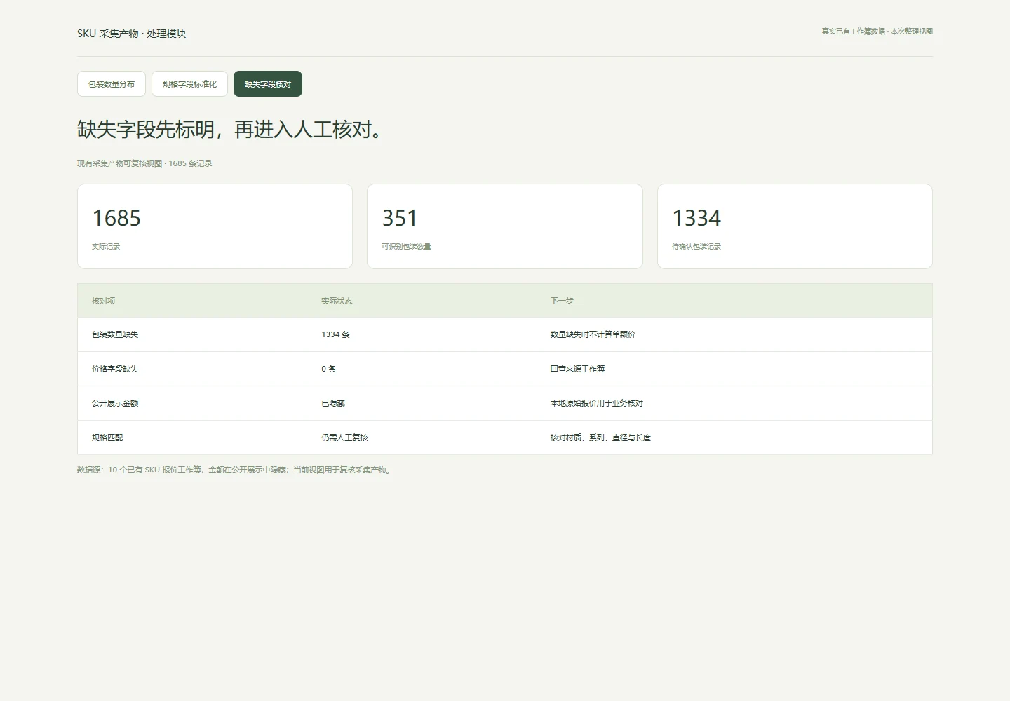 缺失字段核对 · 已有采集记录复核